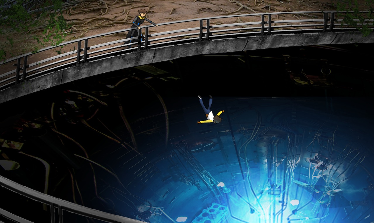 the child falls into a pit with exposed wires and mechanics along the walls, and a blue glow coming from the bottom; the woman leans over the guard rails at the top of the pit and reaches over, trying too late to catch the child