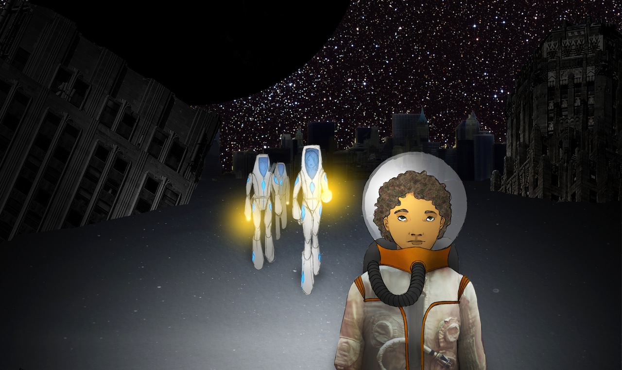child with brown skin and short, curly brown hair in an old astronaut suit walks through a snow-covered abandoned city at night, with black sun blocking out half the stars, and three people with fancier space suits follow