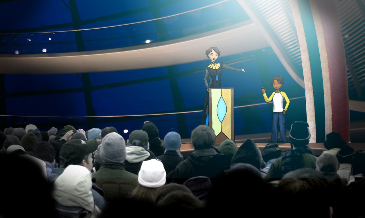 a woman with pale skin and short dark hair wearing futuristic formal robes stands at a podium in front of a crowd, gesturing at the child who is now wearing a long-sleeve t-shirt and jeans who is waving nervously