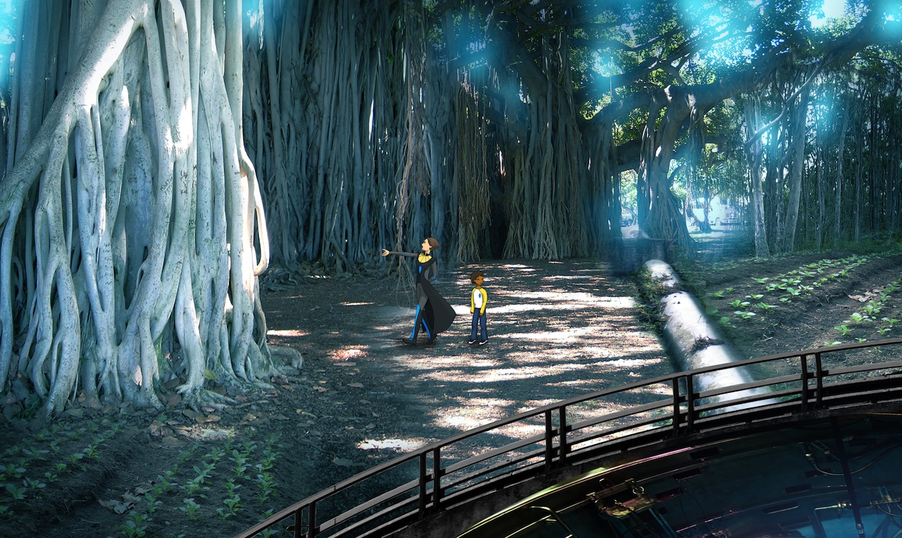 the woman and the child walk through a banyan forest with crops growing below the trees, illuminated by artificial lights above and next to the guard rails of a pit with exposed mechanics along the sides