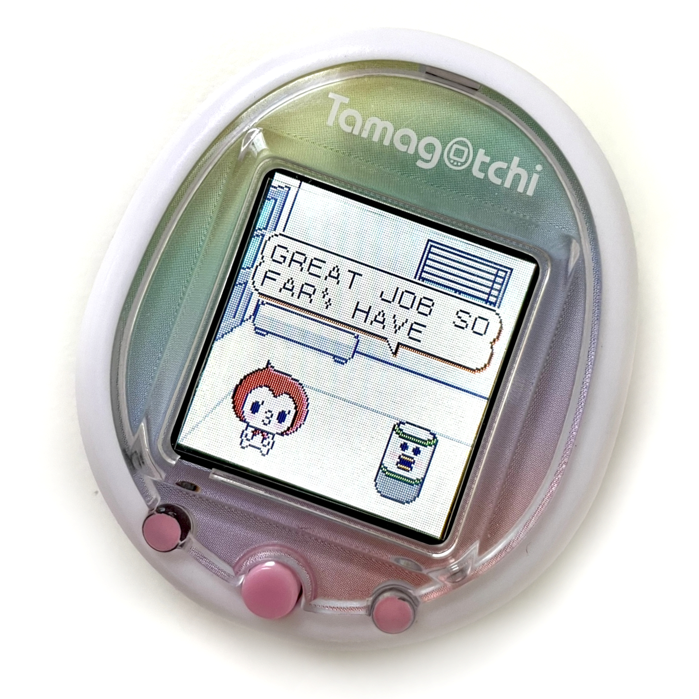 photo of a Tamagotchi Smart showing English dialog