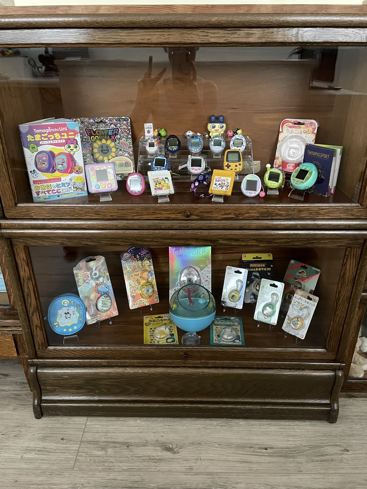 A two-tiered wooden bookshelf with glass fronts, containing a variety of Tamagotchis and other virtual pets on display.